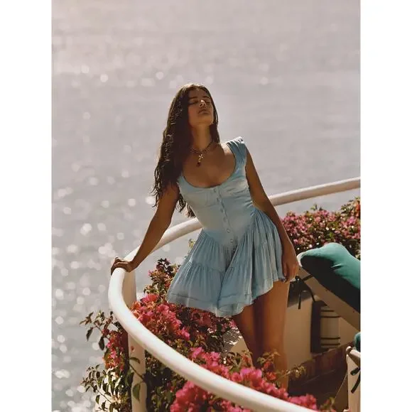 Vanessa Mooney | Elisabeth Romper Dress – Sky Blue Satin (Size M) - Picture 4 of 8